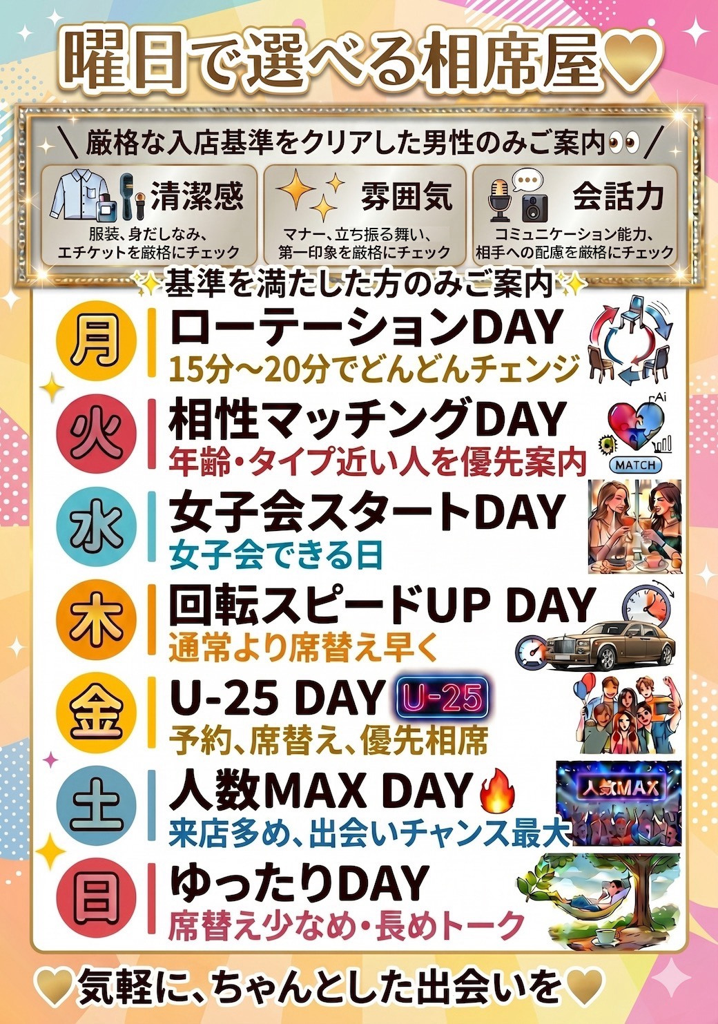 曜日で選べる相席屋 曜日別イベント一覧